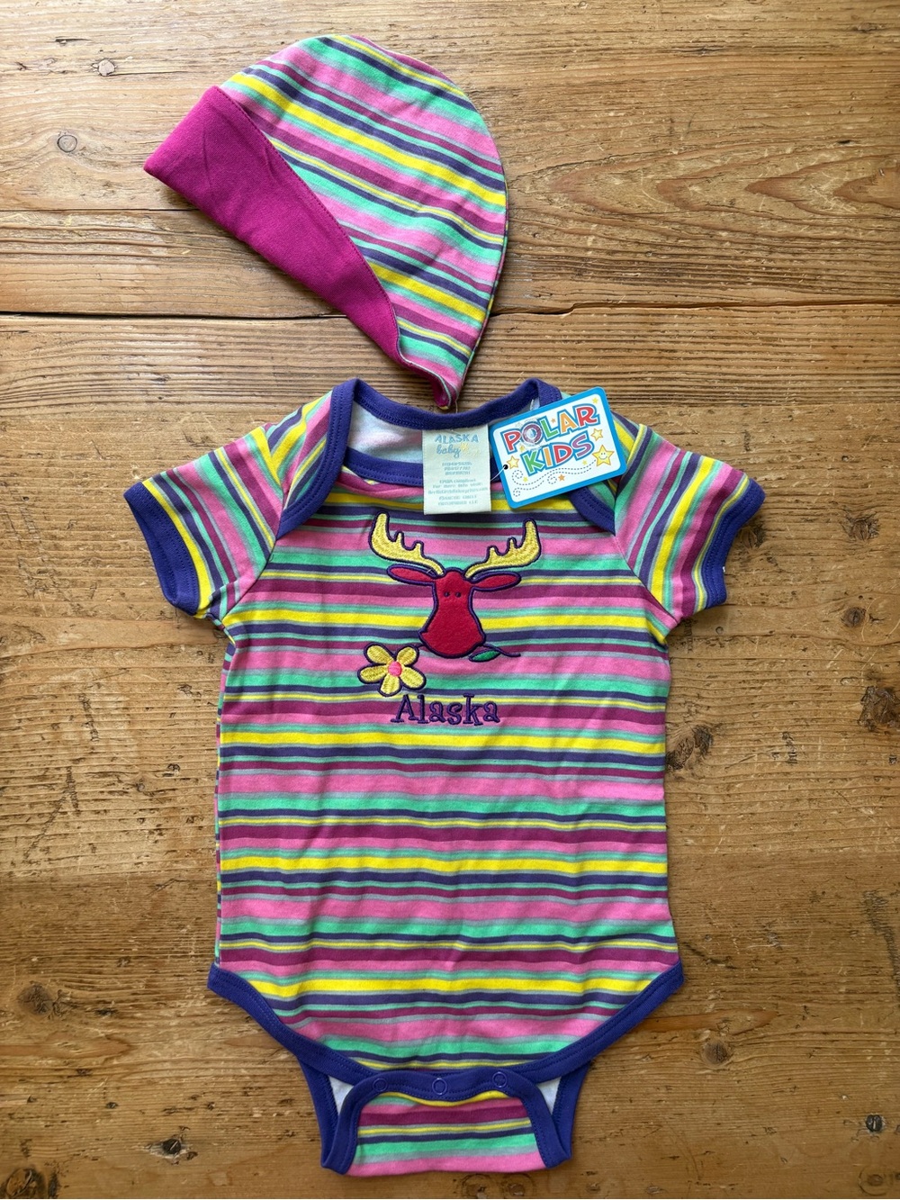 Y2K Polar Kids Alaska Striped Baby Onesie & Hat - Pink, Green, Yellow